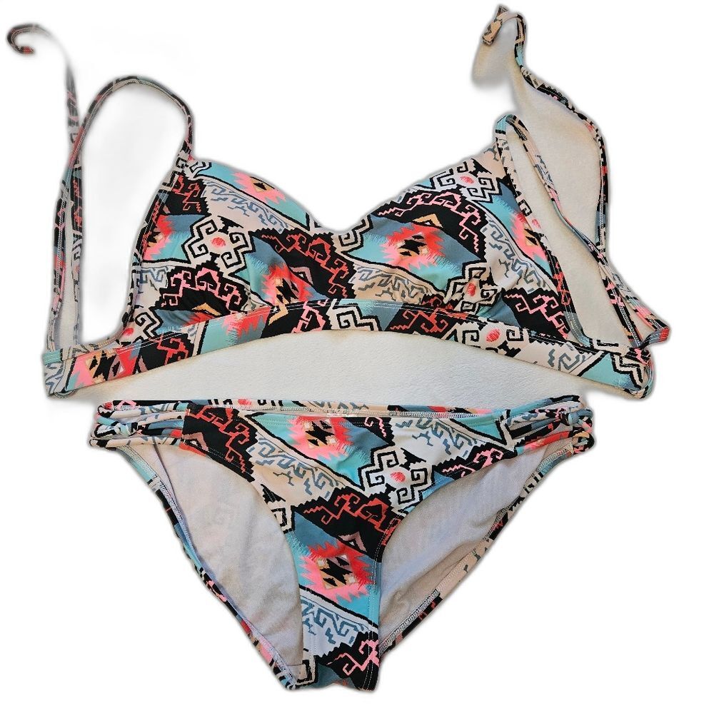 Eidon 2 Piece Bikini Swim Set Colorful Floral Aztec Print Sz XL Bottom & DD Top